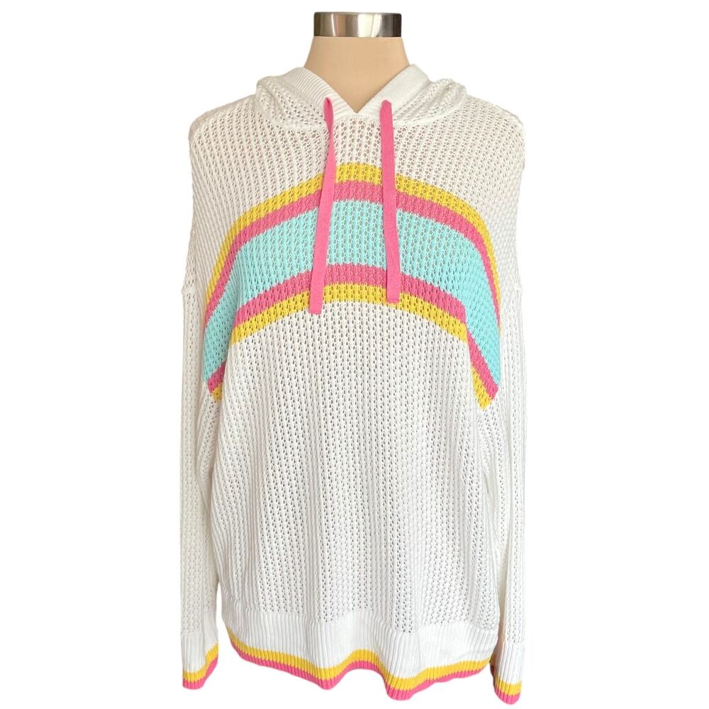 Torrid Open‎ Weave White Striped Hooded Sweater Size 14/16 Coastal Beachy Casual